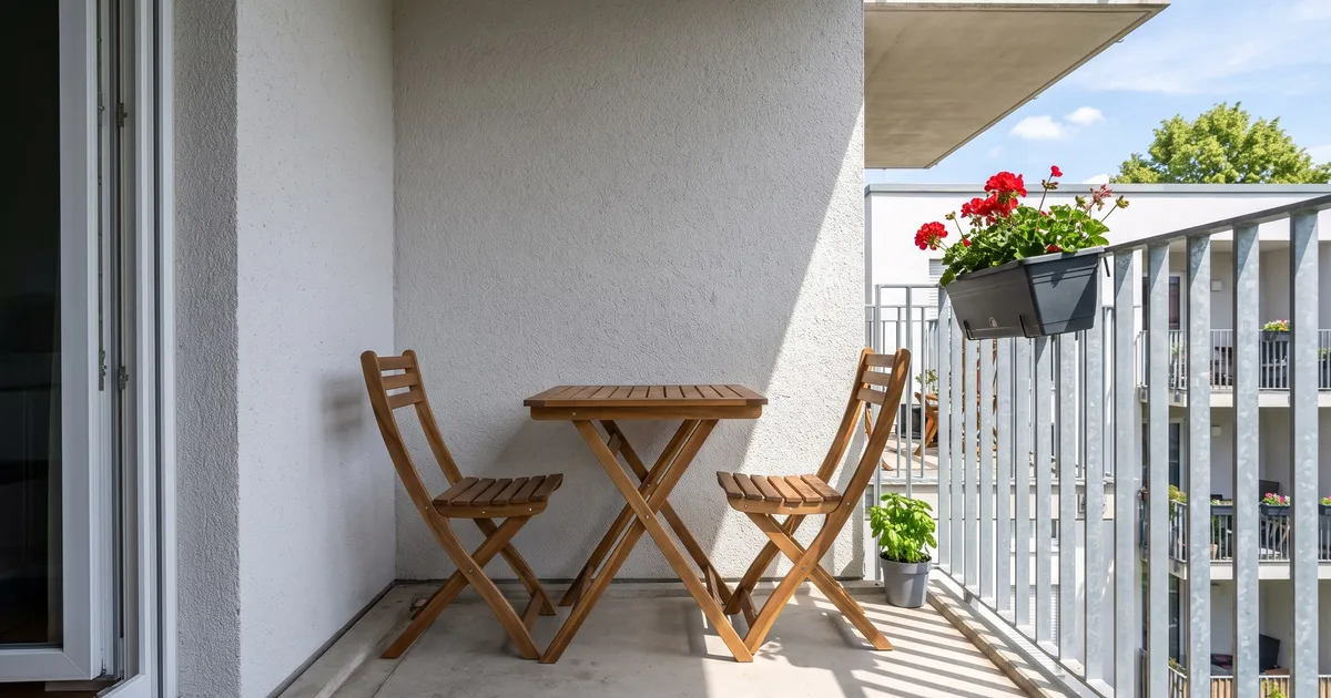Symbolbild (KI-generiert): schmaler Balkon mit verzinktem Geländer, klappbarem Holztisch und zwei Klappstühlen, Balkonkasten mit Geranien, Sommersonne