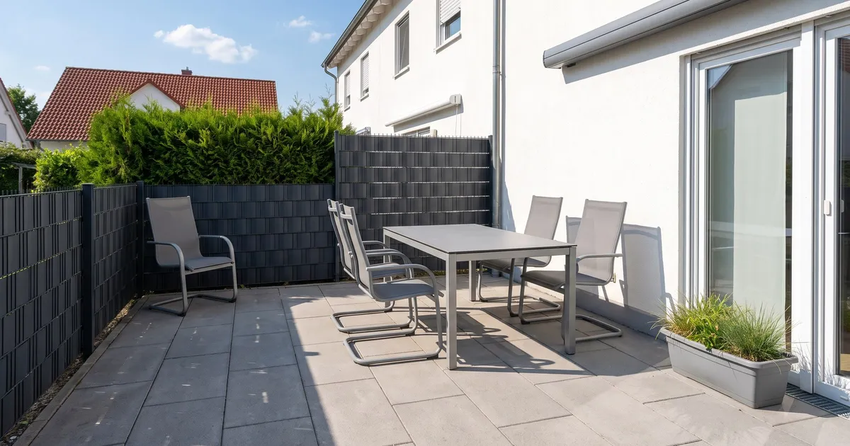 Symbolbild (KI-generiert): Terrasse mit Esstisch und Stühlen zwischen Hauswand mit Terrassentür und Sichtschutzzaun mit Thuja, Sommersonne