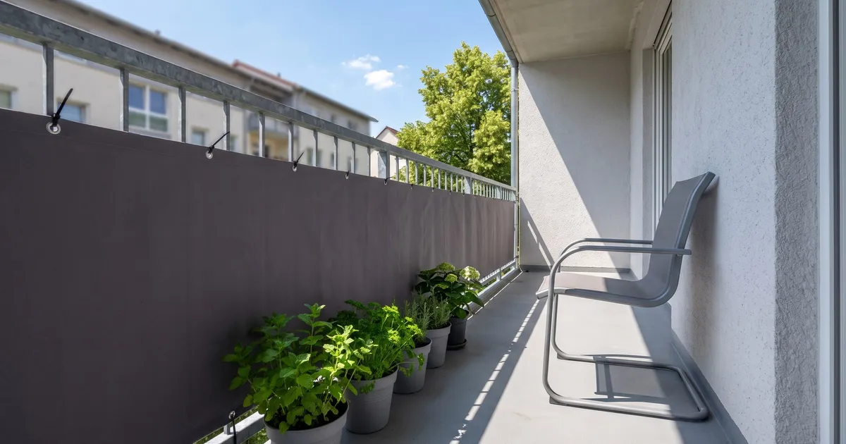 Symbolbild (KI-generiert): Balkon mit anthrazitfarbener Bespannung am Geländer, Kräutertöpfen und grauem Stuhl, Sommersonne